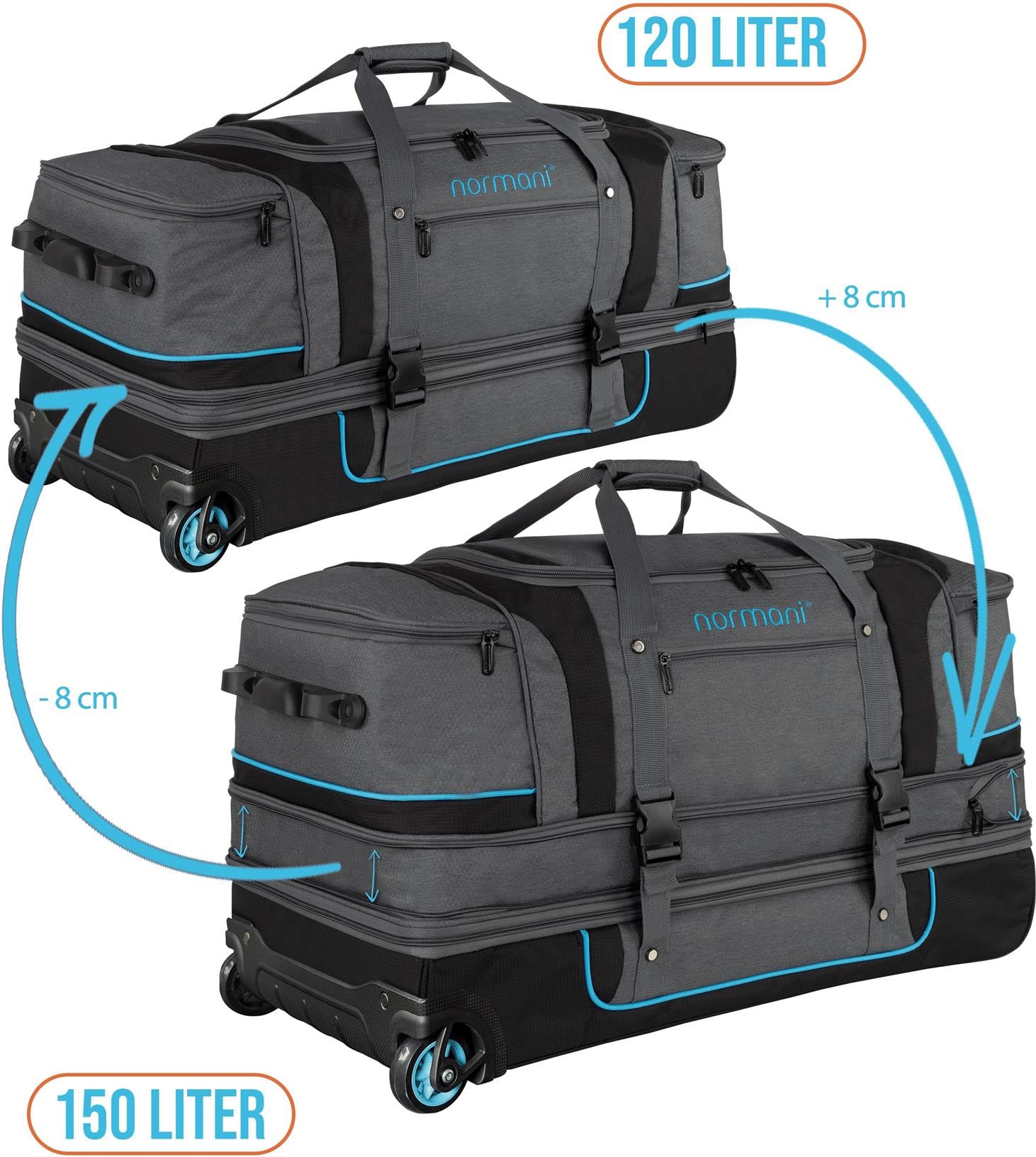 Reisetasche 2-Rad Trolley 120-150 Liter Weichgepäck Travel Bag mit Rollen und 6 Fächern - erweiterbarer Reisetrolley - Rolltasche Sporttasche 81x39x39/47 cm Farbe Grau/Blau Größe 120-150 Liter