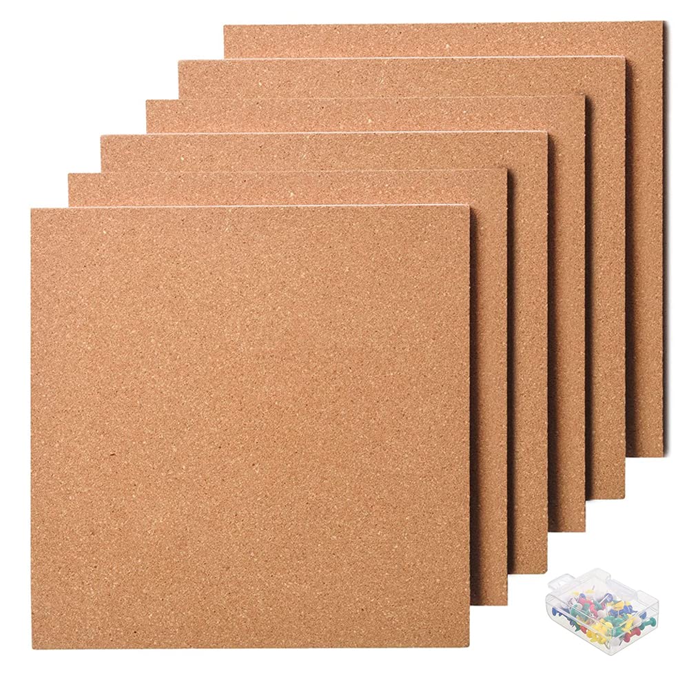 Dproptel 6Pack Square Cork Board 12"x12" - 1/2" Thick Bulletin Boards With Push Pins, Self Adhesive Natural Cork Tiles for Pictures, Photos, Drawing (12 * 12inch)