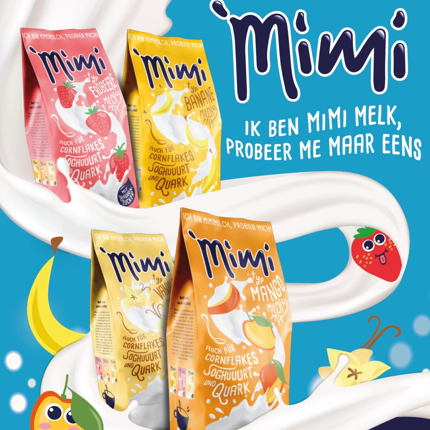 Mimi Milch-Mix Bebida Vainilla Bebida en polvo 12 x 400 g - Paquete de almacenamiento - Deliciosa bebida con sabor a vainilla - Soluble en frío y caliente - Ideal para ocio, oficina, familia grande