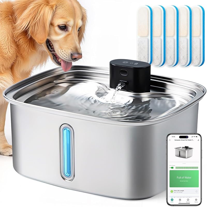 Fonte de Água para Cães e Gatos Vacqueen em Aço Inoxidável com Monitoramento por App, 10 L