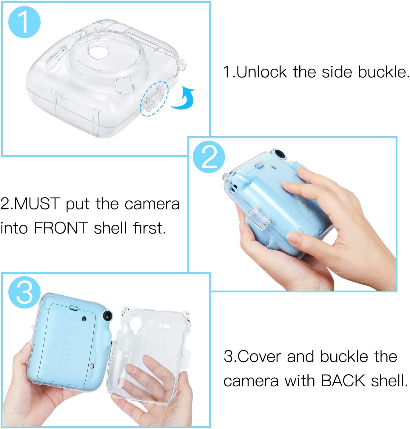 FINTIE Clear Camera Case for Fujifilm Instax Mini 11 Instant Film Camera | Crystal Hard Shell Cover, Back Films Pocket, Adjustable Shoulder Strap, Scratch Pesistant, Easy Access, Clear