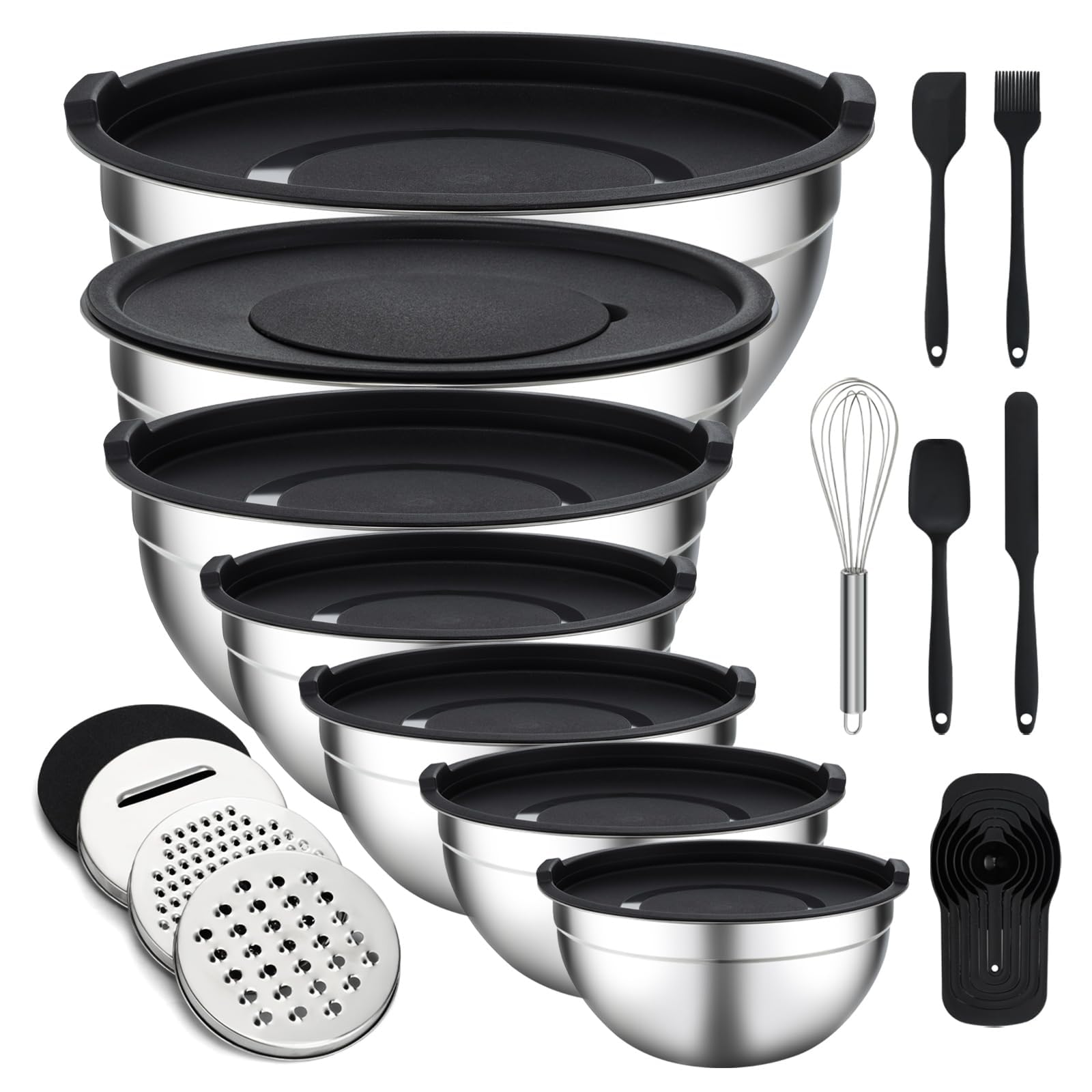 Mixing Bowls with Lids Set - 16 Pcs Stainless Steel Nesting Mixing Bowls with Grater Attachments, Mixing Bowl Set for Multi Mixing & Serving