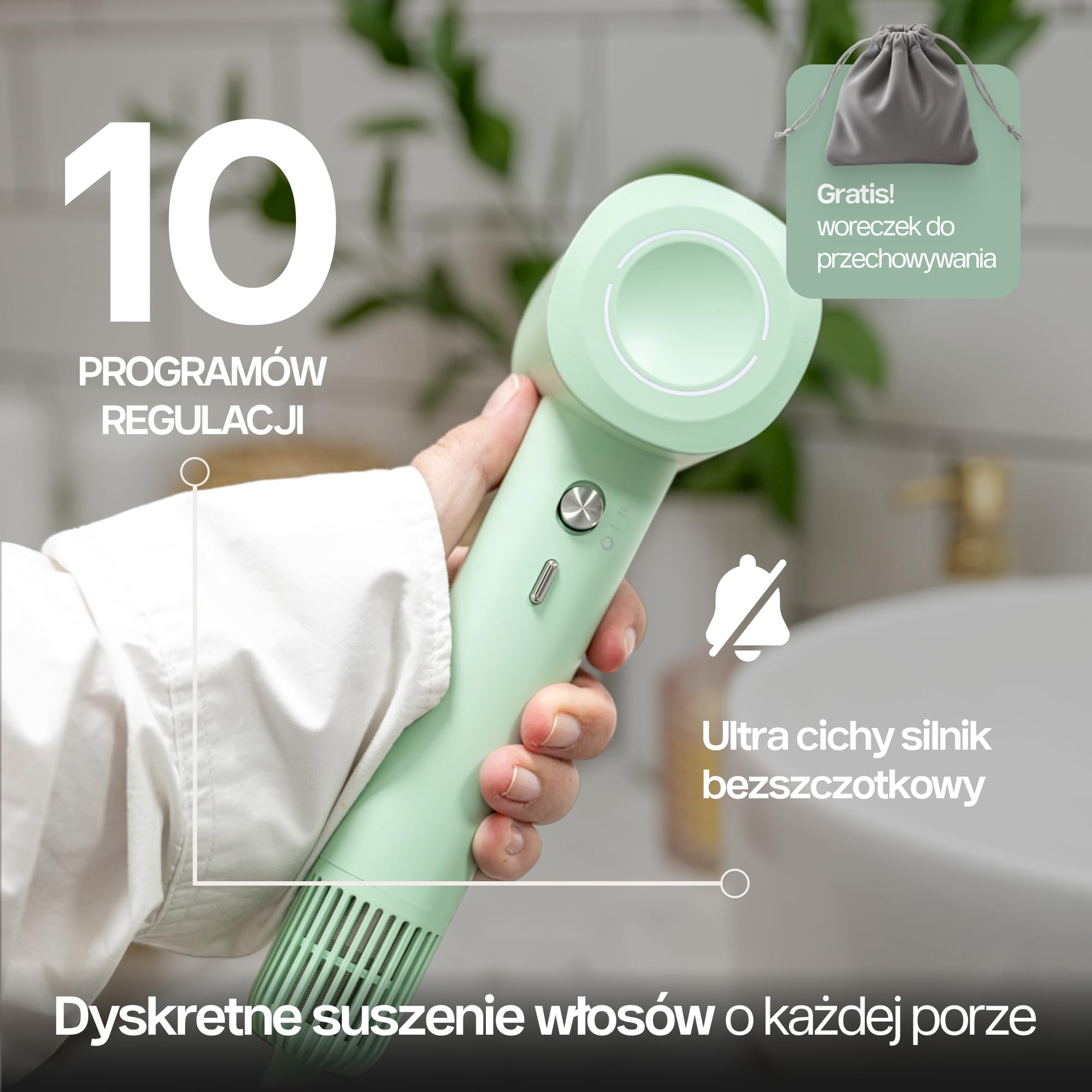 4Swiss Suszarka do Włosów Jonowa do Włosów Hair Dryer Wygładzająca Mała Podróżna Hairdryer Cicha Poręczna Lekka Regulacja Temperatury Prędkości 1000W Zwiększająca Objętość - F326 SmartAI+ Miętowy