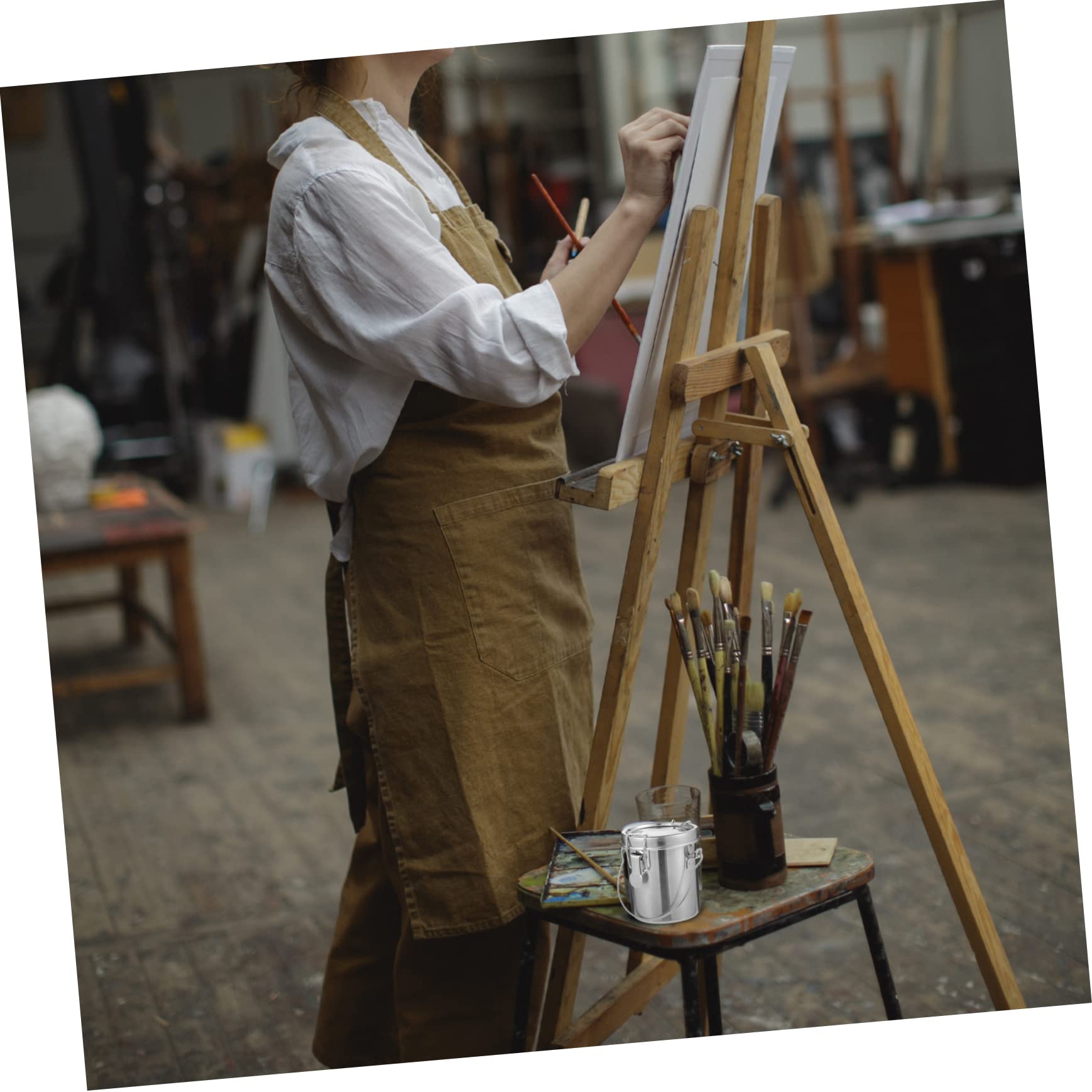 HOMSFOU Stainless Steel Brush Washer Painting Oil Pot for Artists Students Brush Washing Container Lid