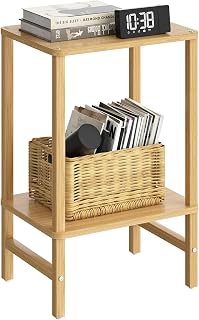 YUFAM Industrial End Tables for Living Room, Natural | Tall Side Table with 2-Tier Open Shelves & Rounded-Edge Tabletop & Non-Slip Feet