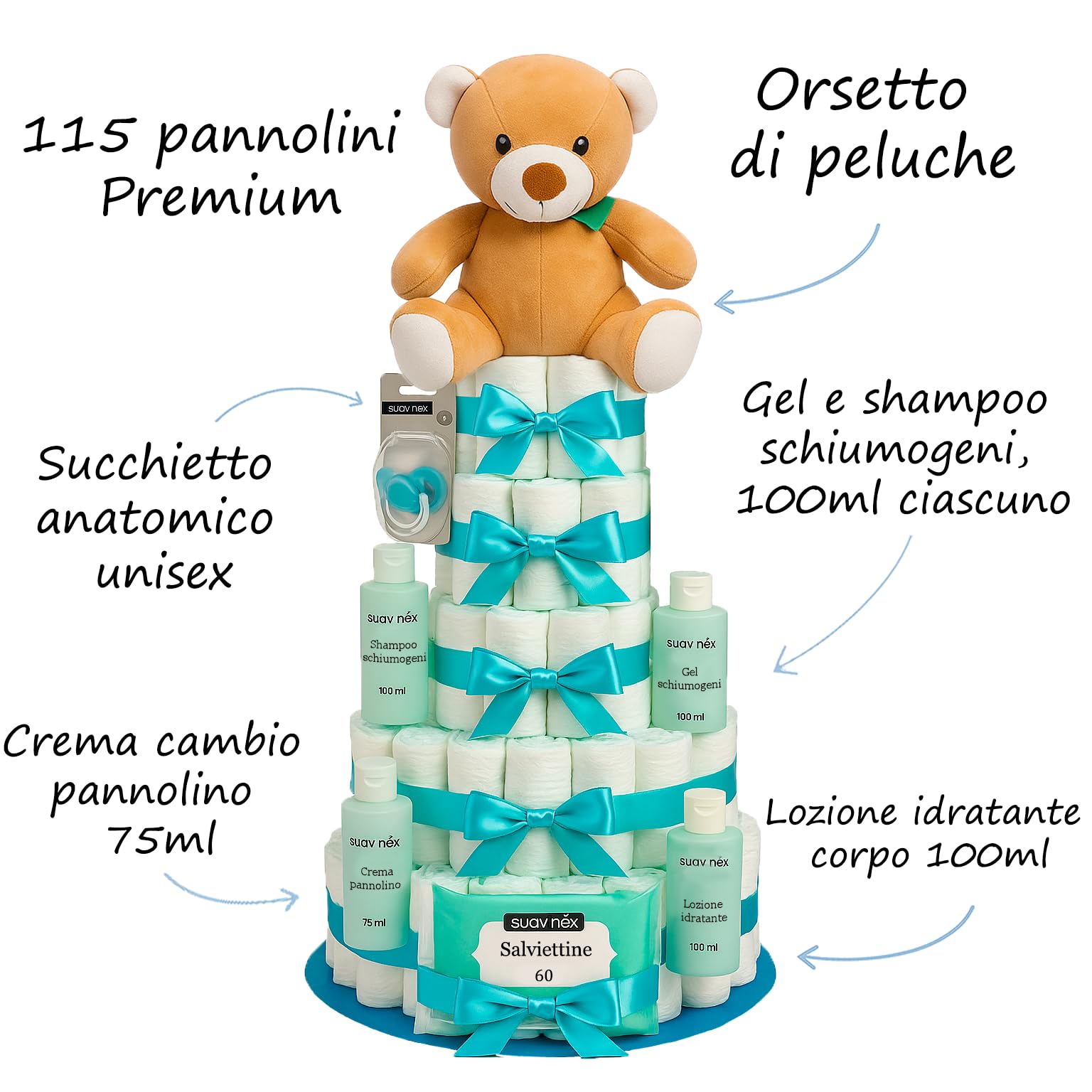 Torta Di Pannolini XXL Neonato Personalizzabile Regalo Baby Shower Battesimo Con Accessori Utili Per Bambino o Bambina 0-3 Mesi Con Giochi Pannolini e Set Prodotti Cura Del Neonato Regalo Nascita