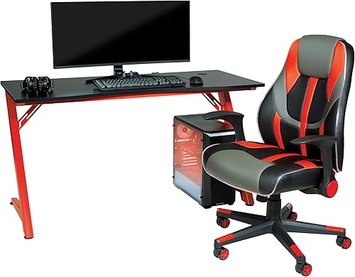 Miniatura 6 de OSP Home Furnishings Beta Battlestation - Escritorio para juegos con luces LED RGB Bluetooth, color rojo mate
