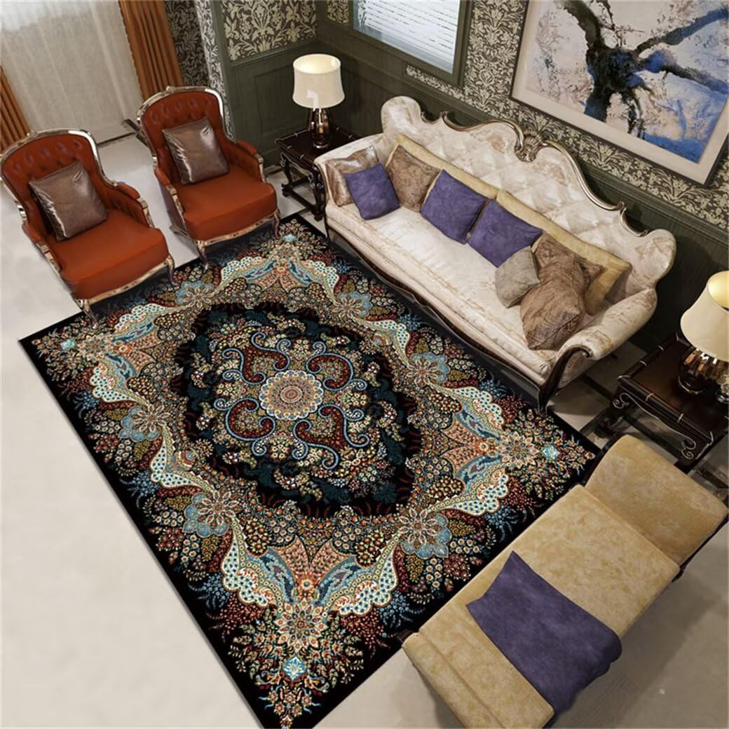Tapis moelleux grand taille rouge de style traditionnel végétal lavable