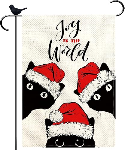 Bandera de Navidad de gato negro para alegría exterior al mundo, invierno, Navidad, gato, arpillera, bandera de jardín de 12 x 18 pulgadas de doble