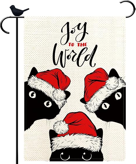 Black Cat Christmas Flag for Outside Joy to the World Winter Christmas Cat Burlap Garden Flag 12x18 Double Sided Xmas Outdoor Holiday Porch Flags Seasonal Decor Outside Decorations for Yard