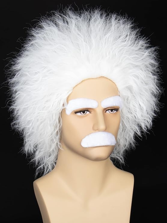 Yan Dream White Mad Scientist Wig with Mustache Eyebrows Men Crazy Wild Wig