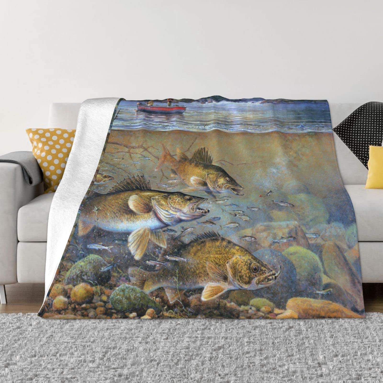 Beulsi Men's Black Fishing Lake Fisher Fleece Throw Blanket For Couch - Thick Fuzzy Warm Soft Blankets And Throws For Sofa, Bedroom Blanket