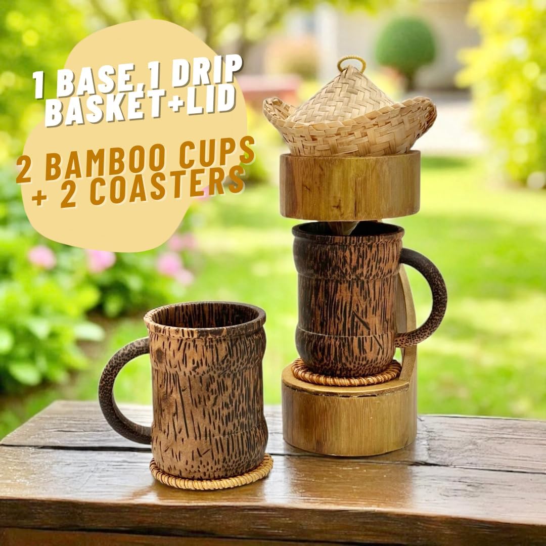 Bamboo Coffee Drip Set, 4" Basket with Lid + 2 Cups and 2 coasters + Bamboo Design Drip Base, Eco-Friendly Pour-Over Coffee Kit, Sustainable Brewing Accessories