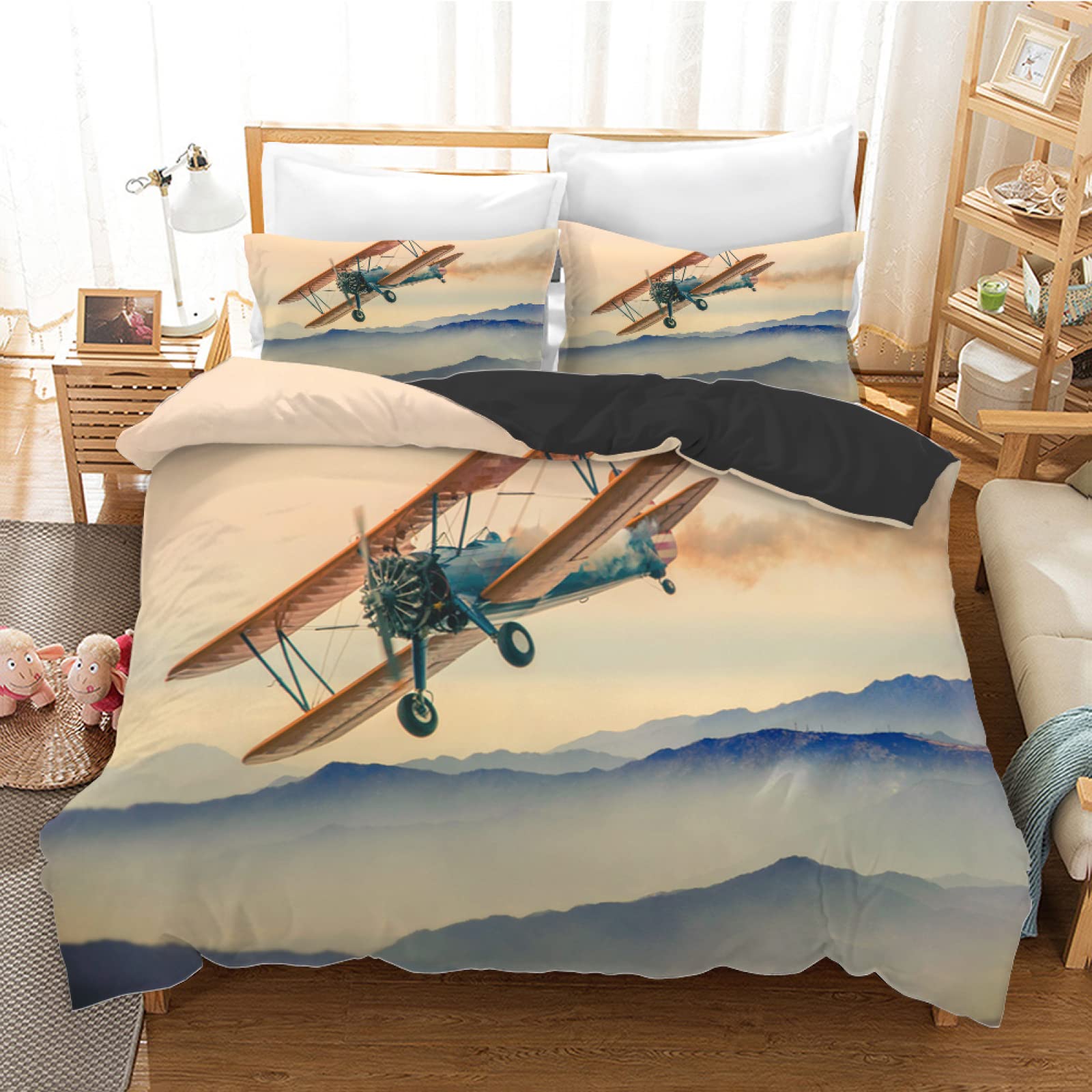 Housse de couette 160x200 avion blanc microfibre douce pour sommeil paisible enfant
