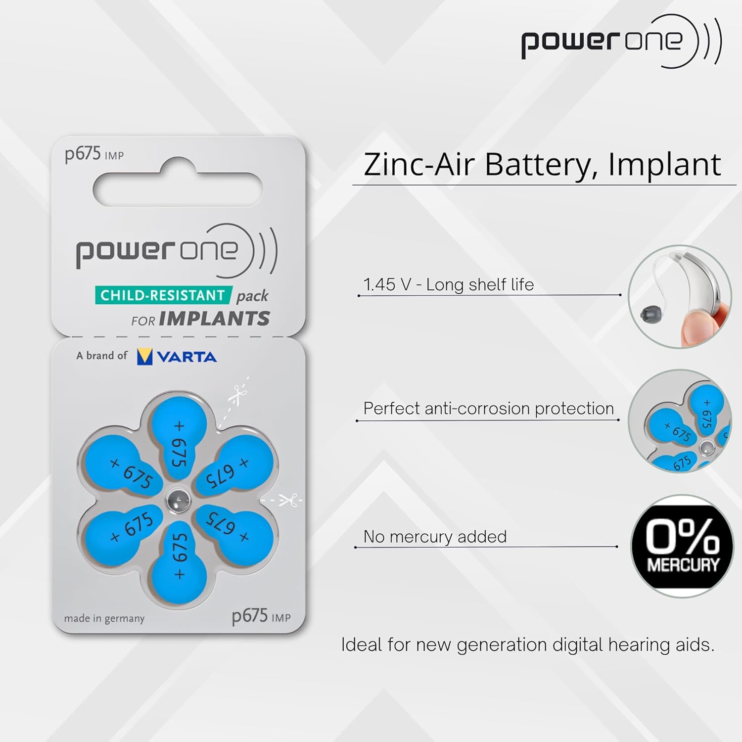 60 Mercury Free Hearing Aid Batteries Size: 675P Cochlear Implant by Power One
