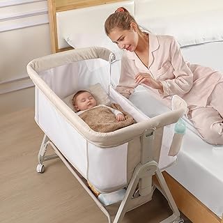 4-in-1 Beistellbett Baby, Verbesserte Stabilität Stubenwagen Baby mit 6-Fach Höhenverstellung, Vollständigen Mesh-Seiten für Neugeborene bis 12 Monate, Beige