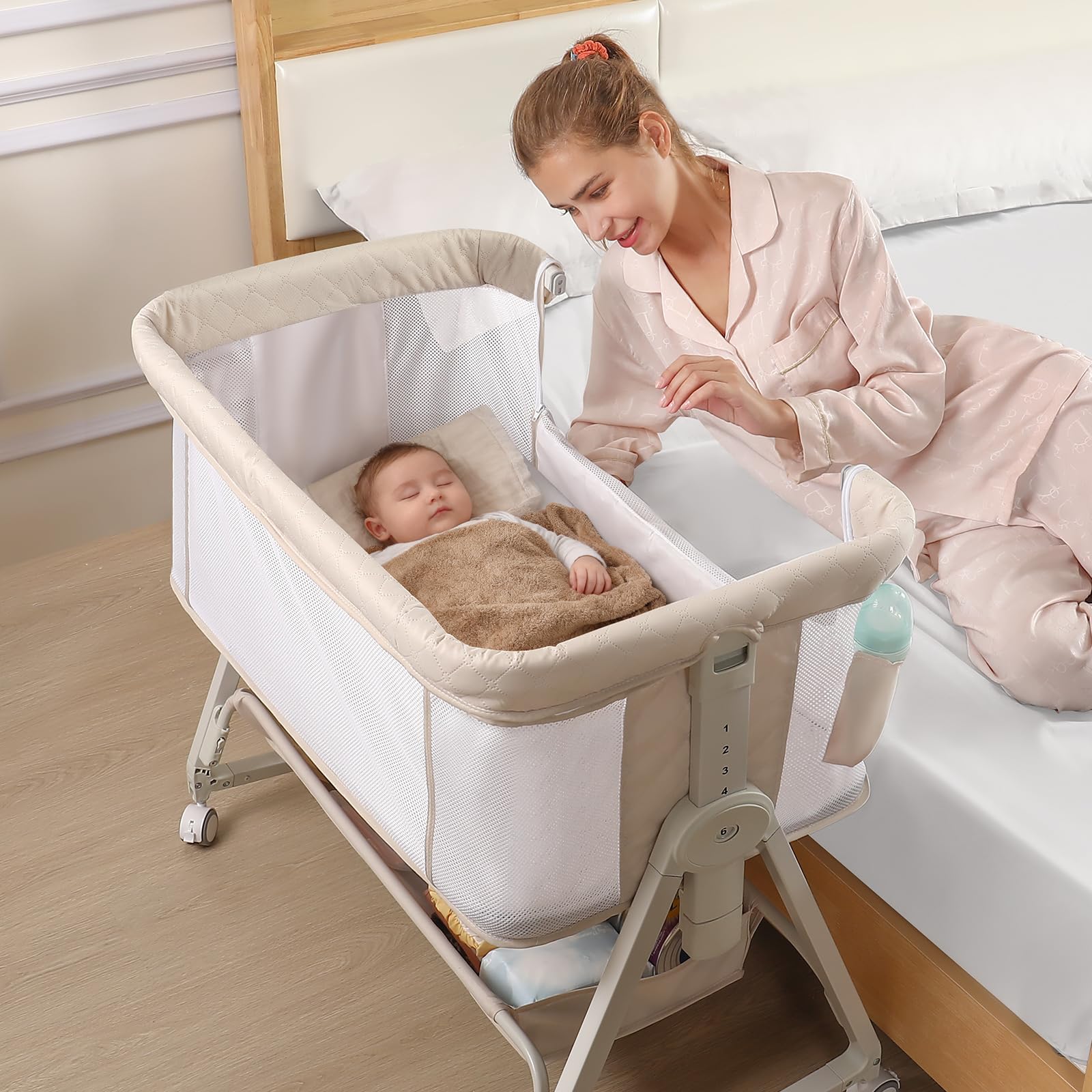 EVINYEP 4-in-1 Beistellbett Baby, Verbesserte Stabilität Stubenwagen Baby mit 6-Fach Höhenverstellung, Vollständigen Mesh-Seiten für Neugeborene bis 12 Monate, Beige