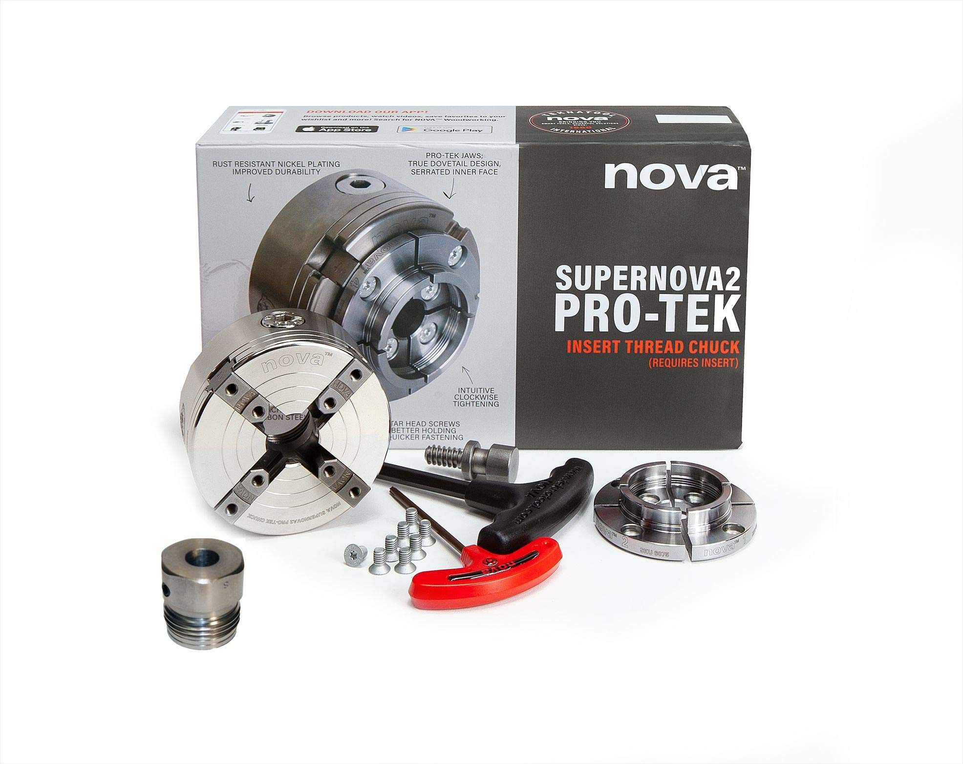 Nova23262 Premier Pro-Tek Supernova 2 Wood Lathe Chuck Kit with Pro-Tek 2" Jaw Set, Woodworm Screw, & accessories, bundled with Nova ISNS 5/8" Plainbore Adapter (for Shopsmith, etc)