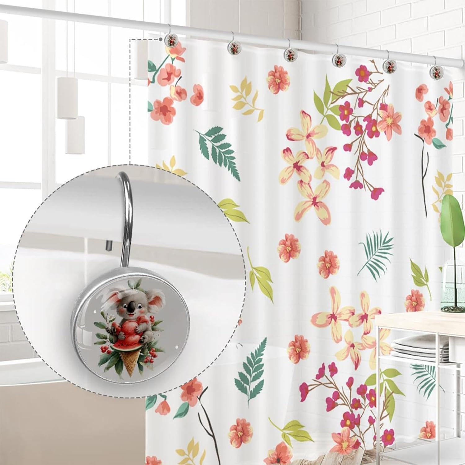 Shower Curtain Hooks Set of 12, Cute Koala in Tree Ice Cream Watermelon Shower Curtain Rings for Bathroom, Rust Resistant Shower Curtain Hangers Bathroom Decor Accessories