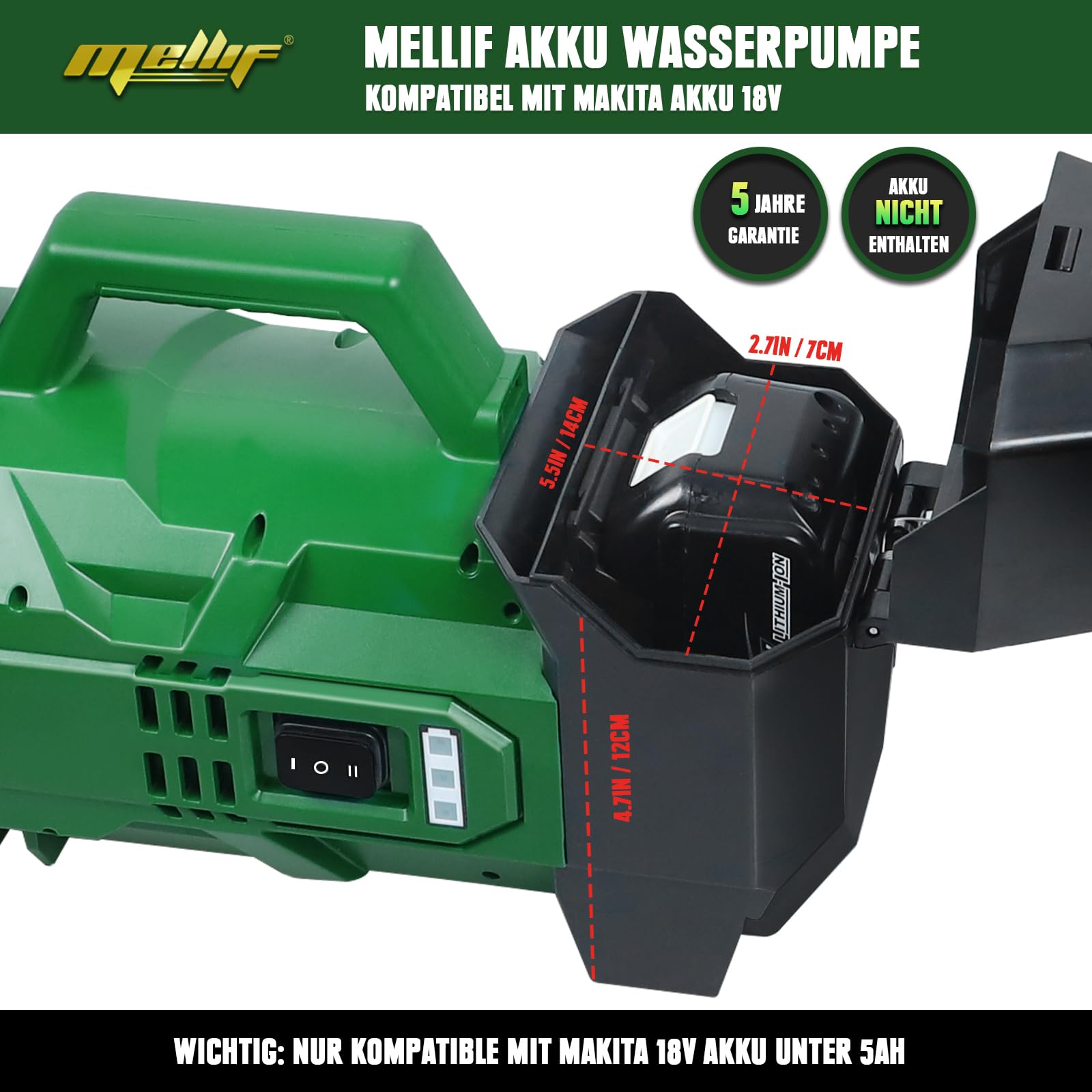 Akku Wasserpumpe für Makita akku 18V, Gartenpumpe mit 2800 L/h Förderleistung, 22m Förderhöhe, 6m Ansaughöhe, 2.2 Bar Druck für Bewässerung, Entwässerung(Ohne Akku)