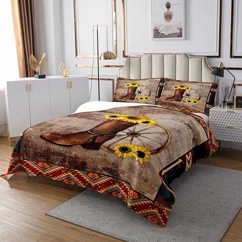 Miniatura 5 de Erosebridal Colcha de vaquero, tamaño King, retro, para botas vaqueras, girasol, granja, piel de vaca, vintage, exótico, bohemio, marrón, vaqueras