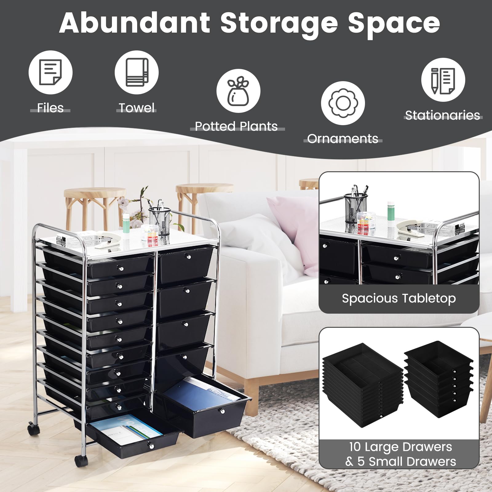 KOMFOTTEU Carrello con 10/15 cassetti impilabile, carrello da bagno con telaio in metallo, carrello multiuso per bagno e cucina (Nero, 5 cassetti)