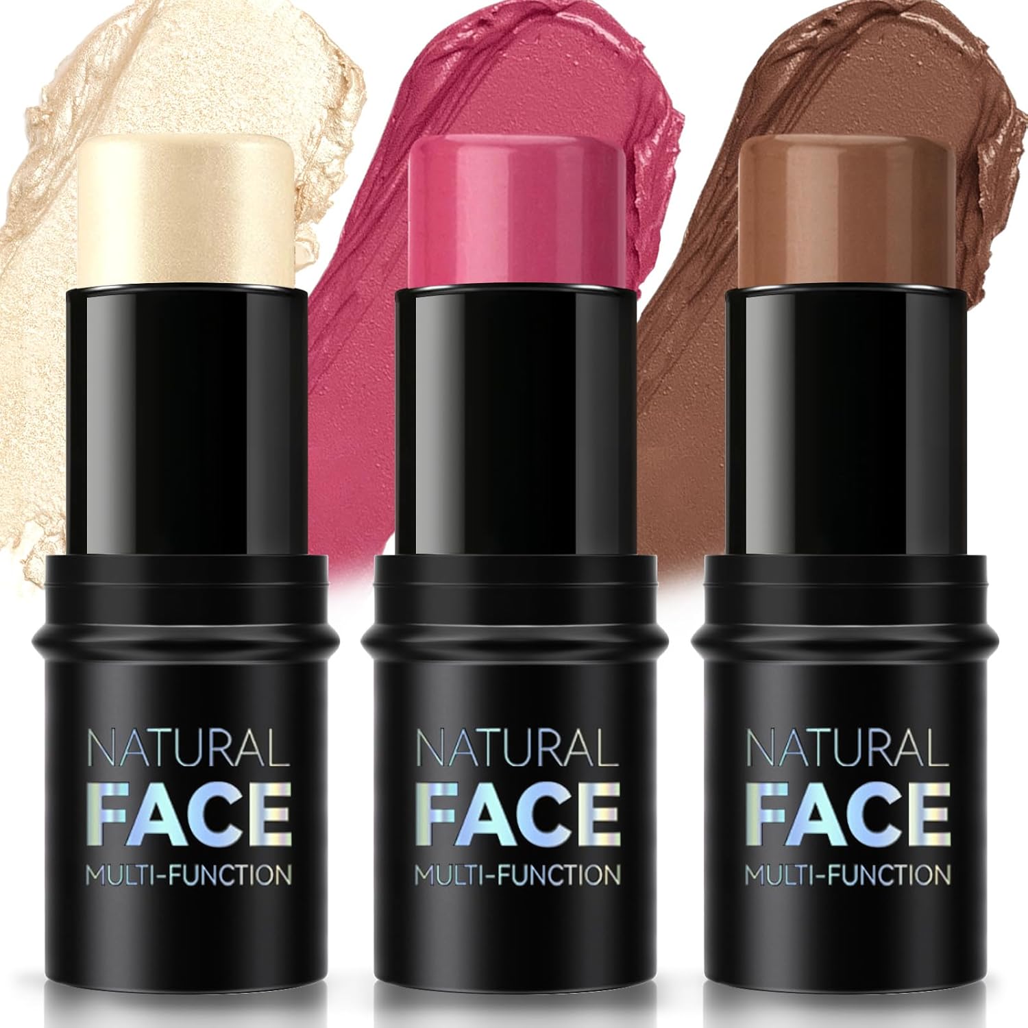 3Pcs Cream Contour Highlighter Blush Stick for Cheeks, Lightweight Blendable Matte Dewy Finish Blush Waterproof Long Lasting Contour Bronzer Stick Trio Wand Face Makeup Set for Girls and Women