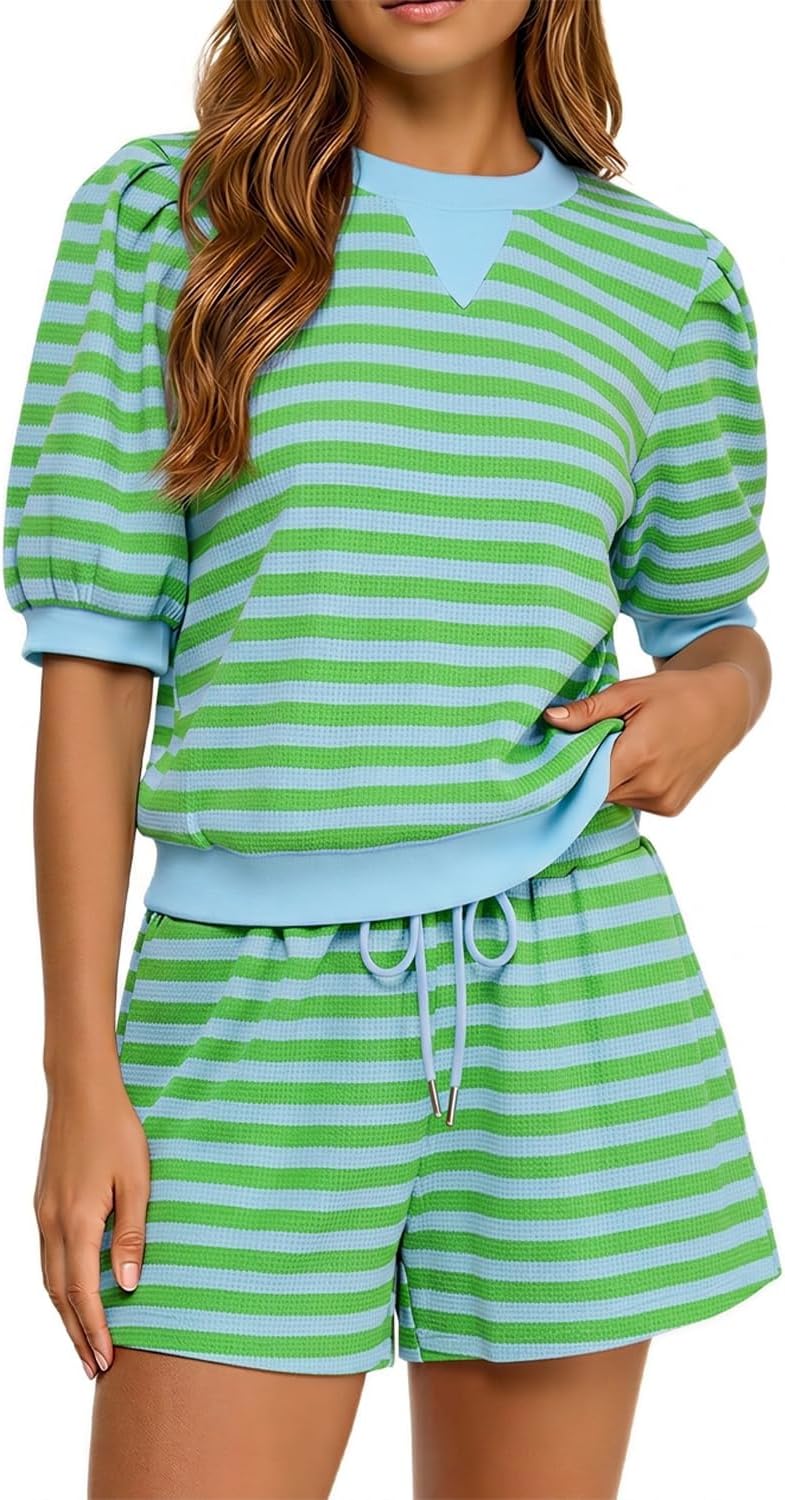 Opemiby Women 2 Piece Short Sets Summer Knitted Colorblock Striped Puff Sleeve T Shirt and Drawstring Shorts Lounge Set