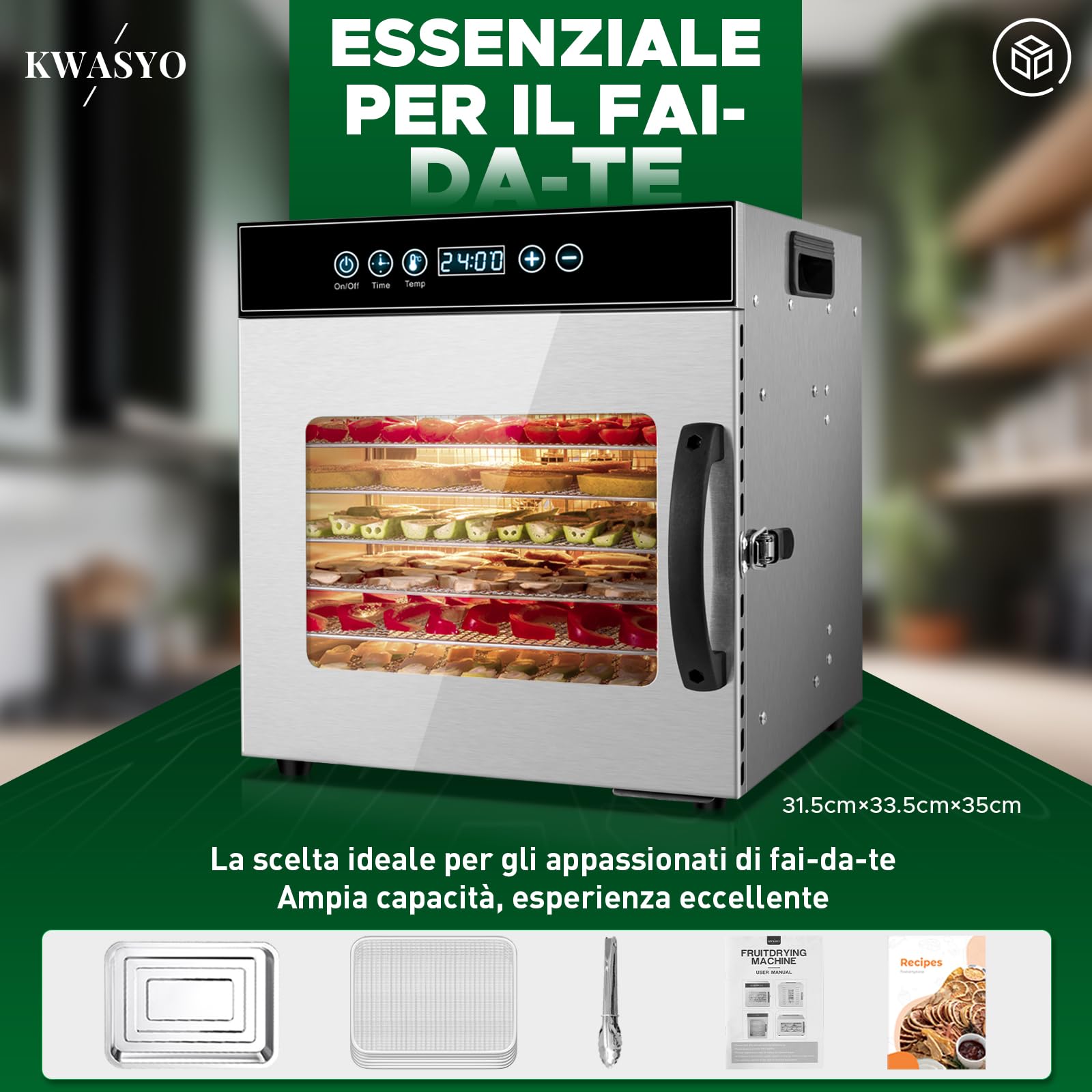 Kwasyo Essiccatore Alimentare Acciaio Inox, 8 Vassoi Con Display LCD, 24 ore Timer, 30-90°C Temperatura Regolabile,500W Essiccatore di Frutta e Verdura, Vassoi Lavabili in Lavastoviglie