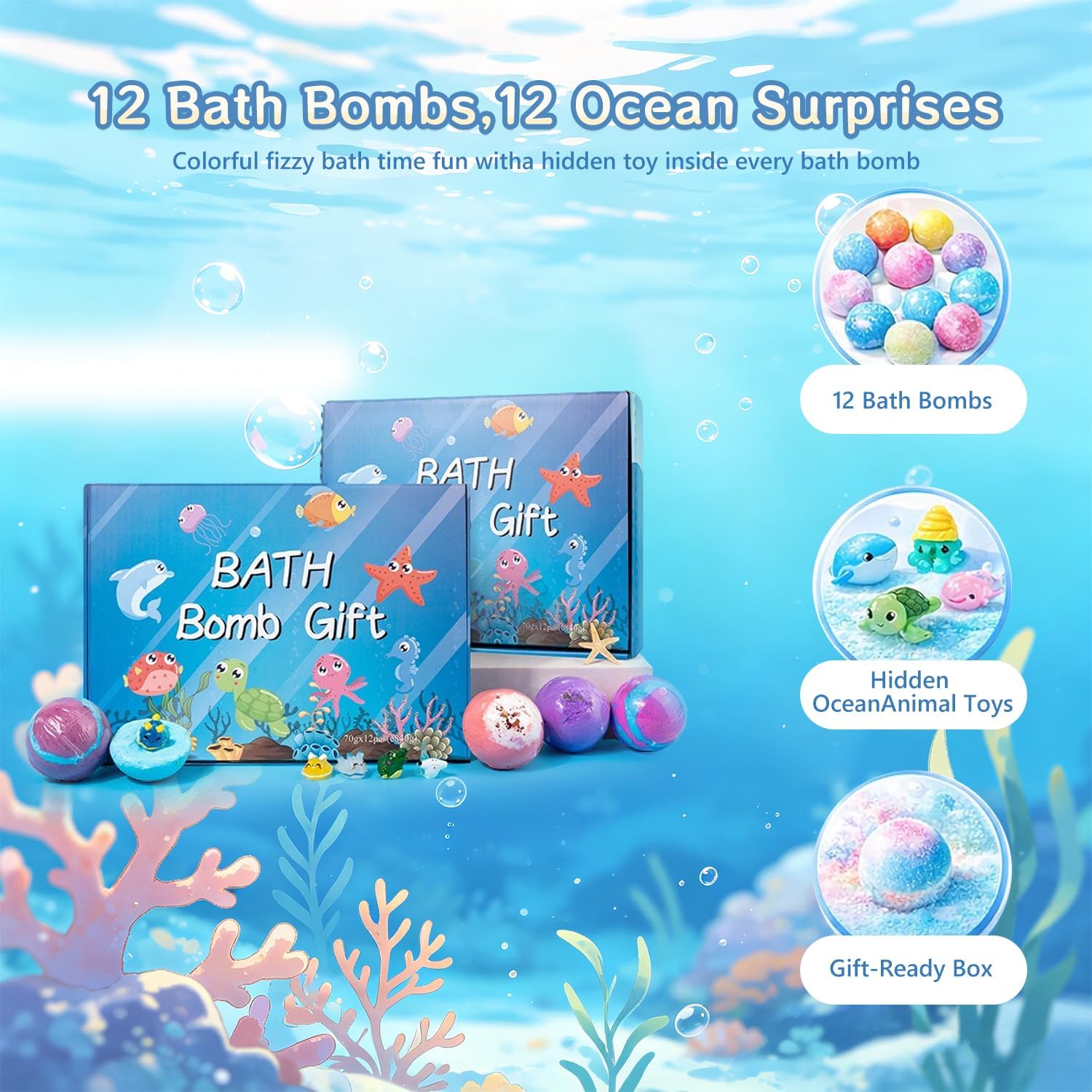 2026 New Upgraded Bath Bombs with Surprise Inside,12pcs Bath Bombs for Kids with Toy Inside,Best Birthday,Party,Surprise Rainbow Ocean Fizzy Bath Bomb Gift Set for Girls and Boys(Sea Animal)