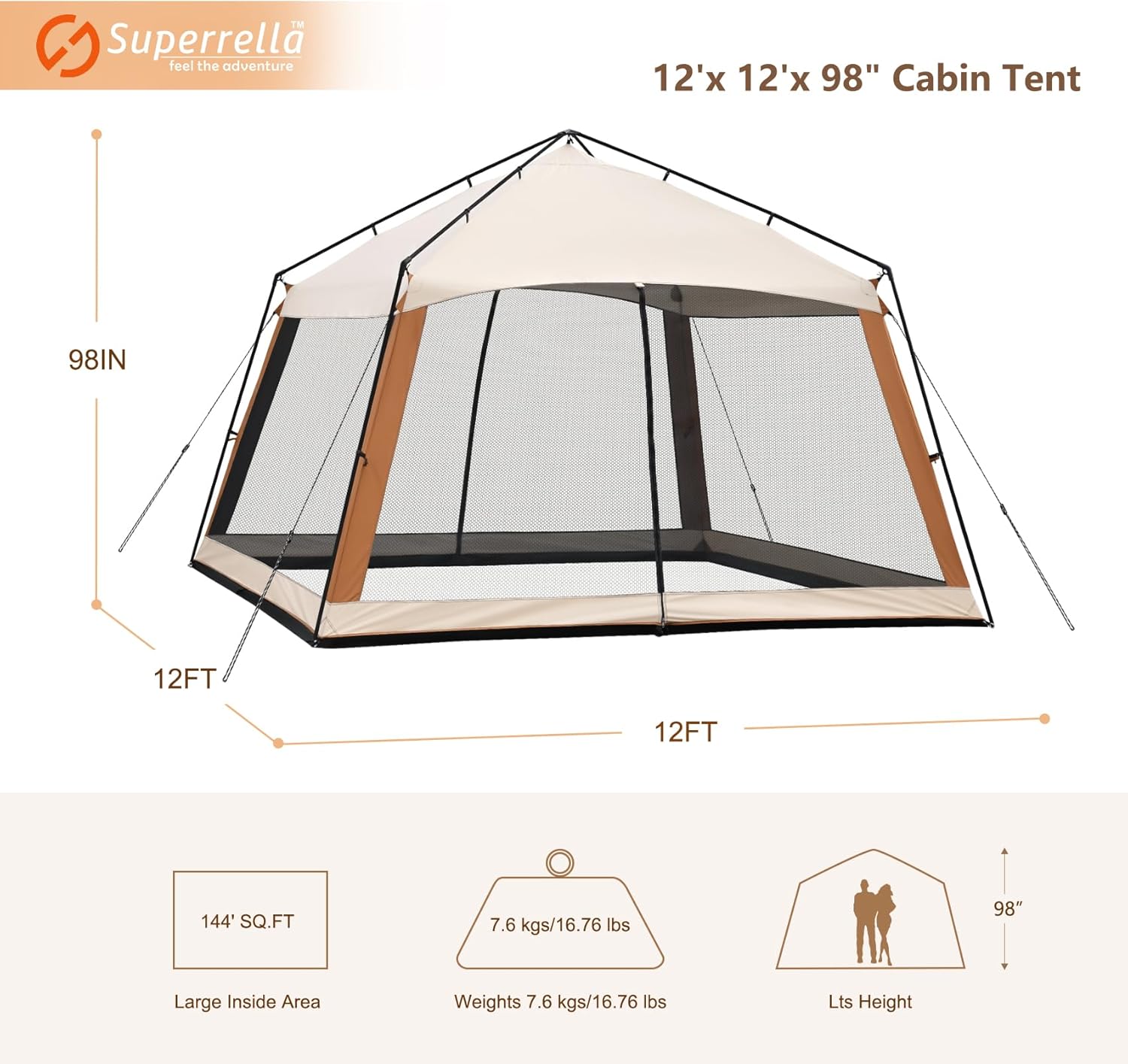 12 x 12 FT Camping Screen Tent for 8-10 Person, Easy Setup Screen House with UV 50+ Sun Protection & Mosquito Net for Camping, Backyard, Picnic, Patio, Outdoor, Beige & Brown