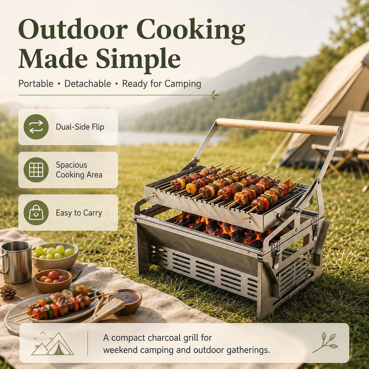 Barbecue da Campeggio Portatile con Cestello Ribaltabile e Manico in Legno | La struttura a incastro si monta rapidamente e senza griglia può essere utilizzata anche come piccolo braciere esterno.