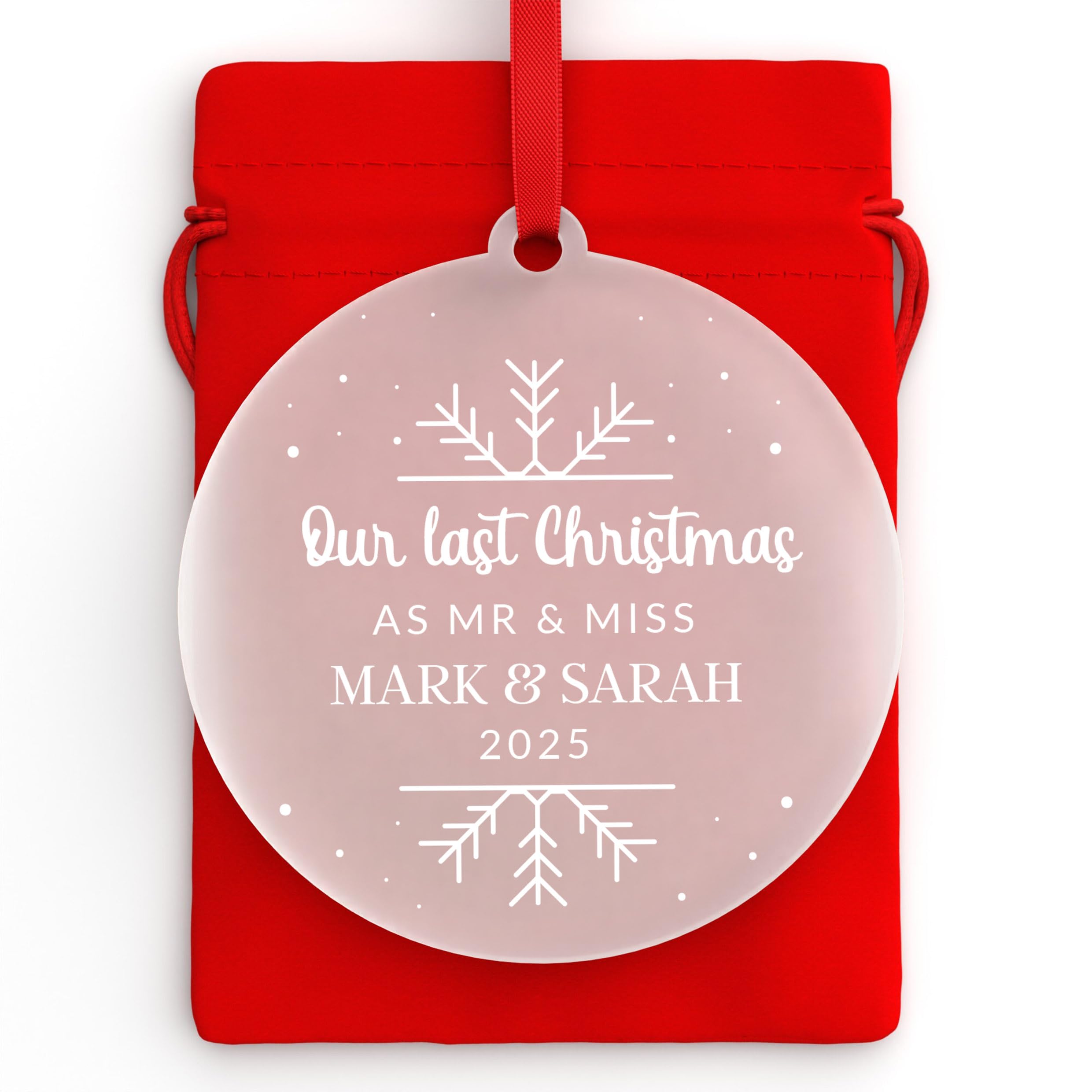 Beecreative Personalised Last Christmas As Mr And Miss Bauble | Last Christmas Engaged Decoration Ornament | Fiance Gift | Engagement Gift | With Red Bag