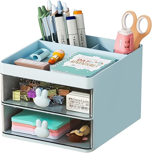 Marbrasse Organizador de escritorio pequeño con cajón, caja de almacenamiento multifuncional para lápices, organizadores de escritorio y accesorios