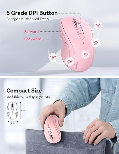 Miniatura 2 de TECKNET Mouse inalámbrico para laptop, mouse inalámbrico de computadora de 2.4G, 5 niveles ajustables 4800 DPI, mouse silencioso con receptor y 6
