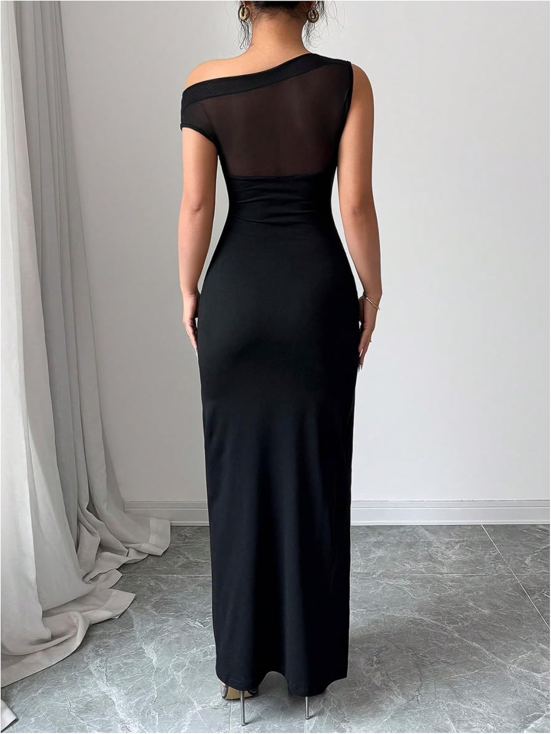 GORGLITTER Women's Mesh One Shoulder Bodycon Maxi Dress Elegant Classy Sleeveless Cocktail Prom Casual Summer Sundress - Image 3