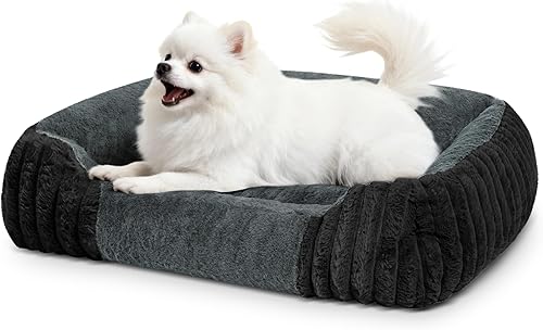 Miniatura 11 de Camas para perros pequeños de 28x20 pulgadas, cama ortopédica tipo sofá con lados cómodos para perros con espuma viscoelástica triturada NEGRO+gris