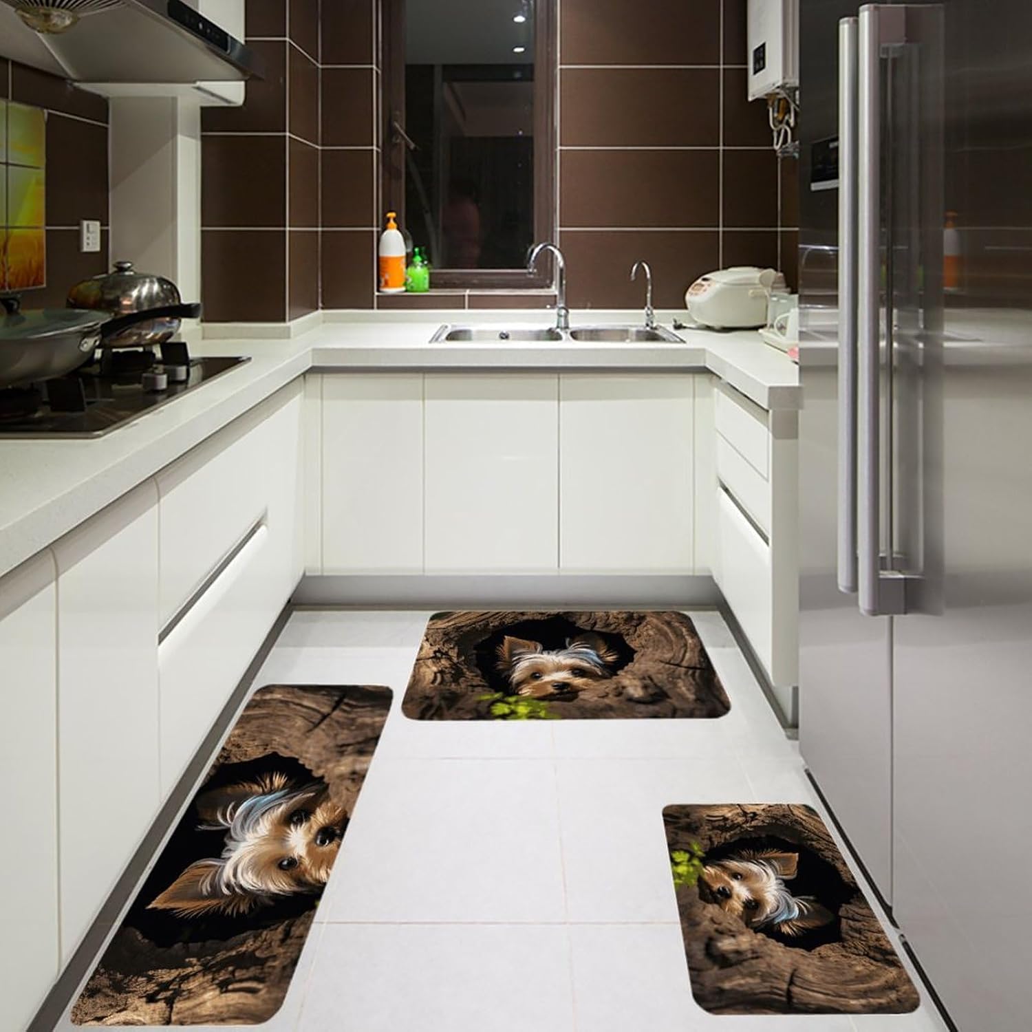 A Little Yorkshire Terrier Nestled in A Tree Hole Kitchen Mats for Floor 3 Pcs Kitchen Rugs