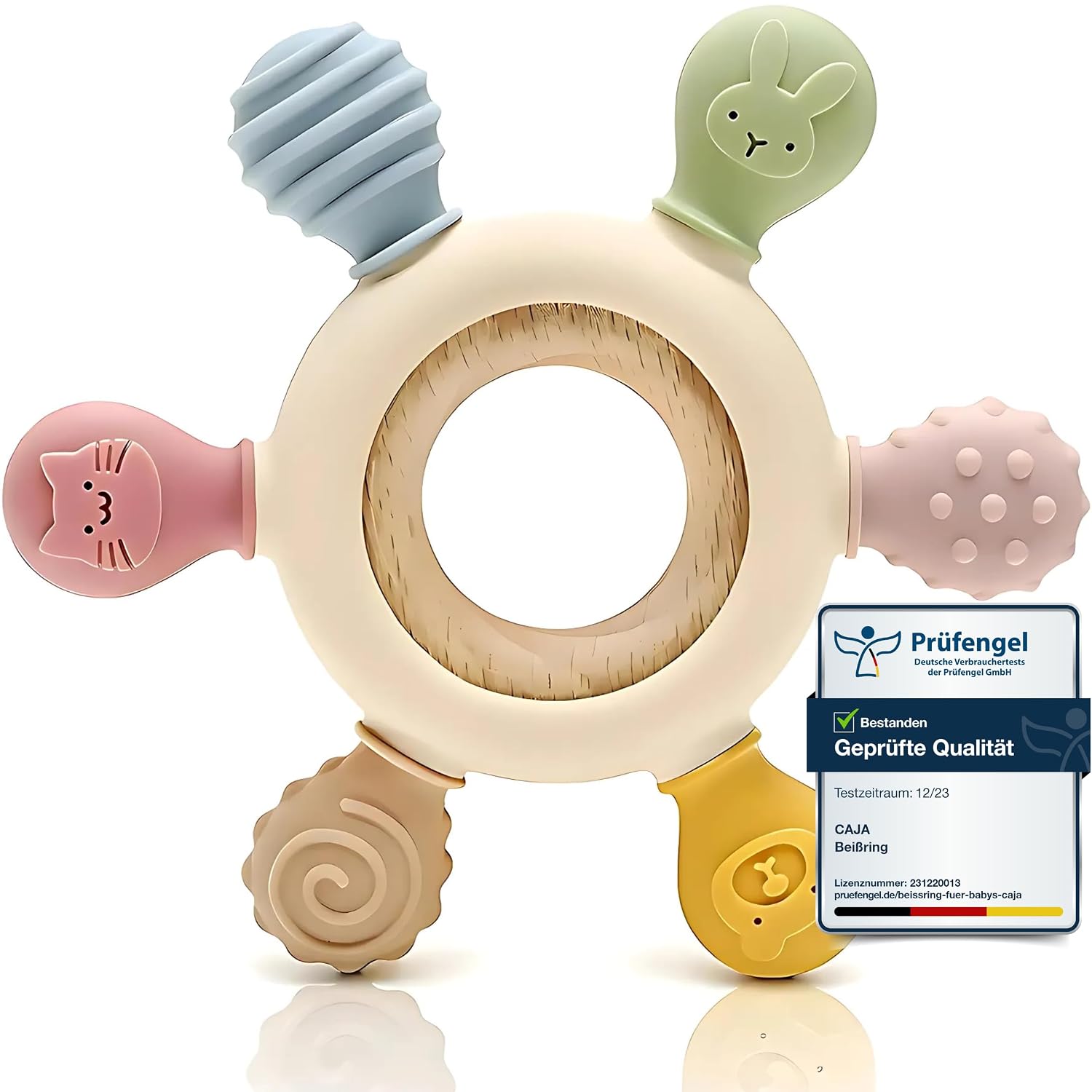 CAJA Beißring Baby BPA freie Zahnungshilfe und Beißspielzeug aus Silikon und Holz Greifring mit Tiermotiv Geschenkidee zur Geburt Sicheres Babyspielzeug für Jungen und Mädchen complexion