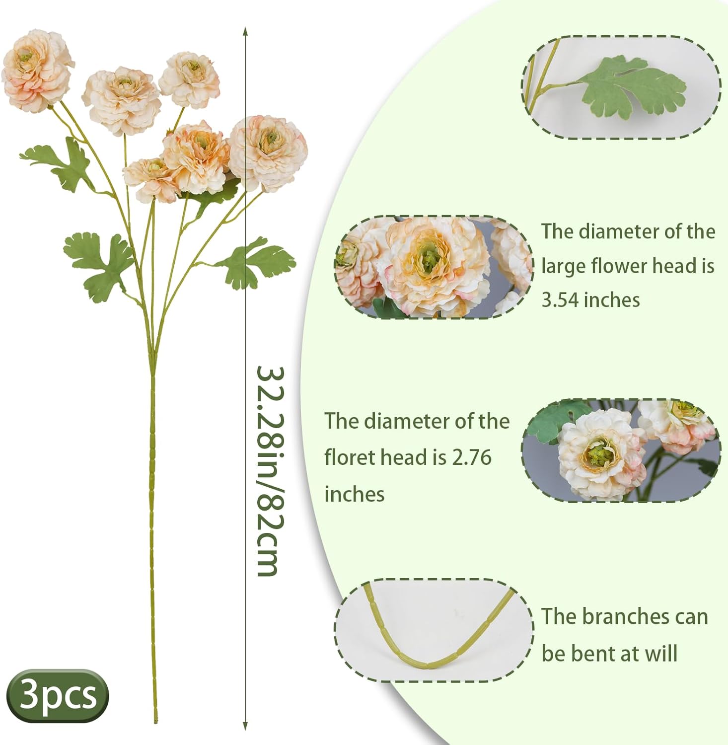 3 Pcs Artificial Flowers Spring Summer Champagne Zinnia Silk Flowers with Stems Zinnia Elegans Artificial Flowers for Outdoors Floral Arrangements Table Centerpieces Wedding Party Home Decor - Image 2