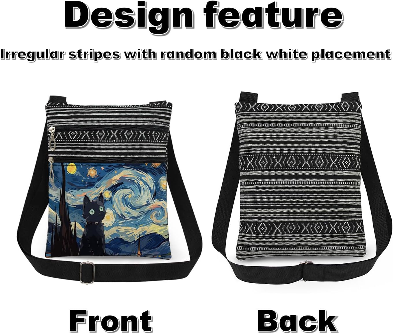 Starry Cat Adjustable Strap Crossbody Bag Van Gogh's oil painting with Black Cat Print for Cat Lover Daily Use Messenger Bag Birthday Gift Christmas Halloween Present​​ for Friend Sister