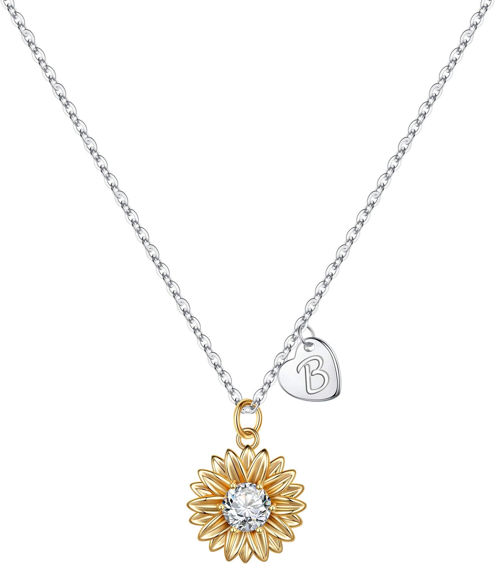 Initial Sunflower Necklace for Women Girls, 14k Gold Plated Sunflower Necklace Pendant CZ Heart Letter Initial Necklace You are My Sunshine Gifts Sunflower Jewelry for Girls