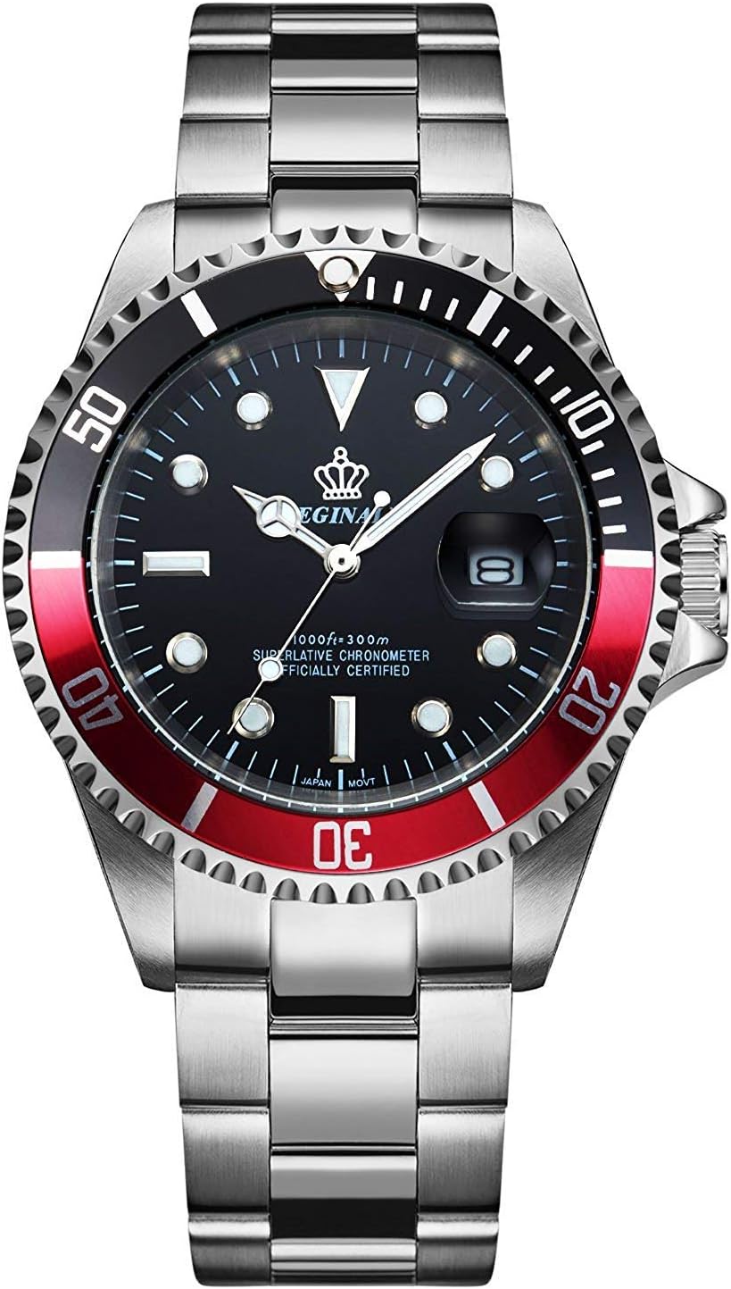 ReginaldMen's Watch Luminous Quartz Rotatable Bezel Sapphire Glass Silver Stainless Steel Band and Case Waterproof Sports Black Watch