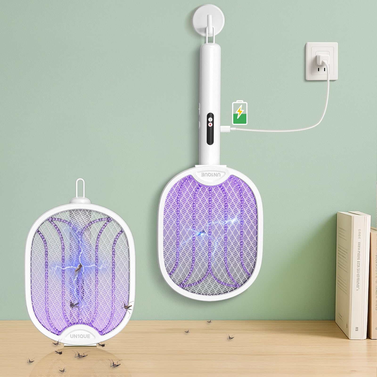 UN1QUE Foldable Mosquito Bat Rechargeable with UV Light Lamp, 2-in-1 Mosquito Racket, Electric Mosquito Killer Racket, 1200mAh Long-Lasting Battery, Rotatable Bug Zapper - White