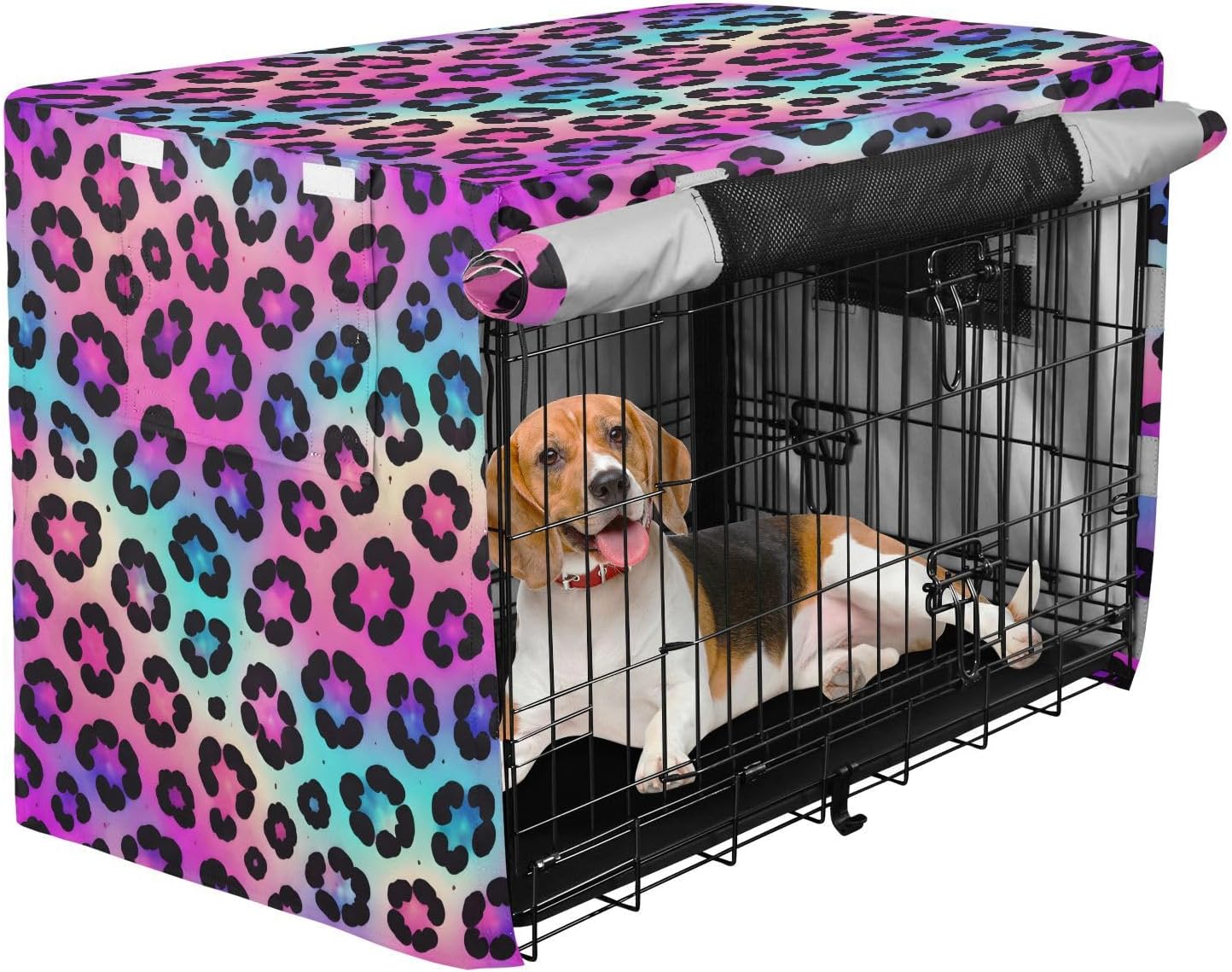 Neon Leopard Dog Crate Cover 600D Oxford Pet Kennel Cover with Mesh Window for Dog Cages, Windproof Waterproof Machine Washable, 48"x30"x33"