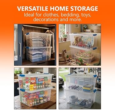 ORGANIZED Clear Plastic 50L Storage Box with Blue Clip-On Lid – Heavy Duty Stackable Storage Container for Home, Office, Kitchen, Garage & Closet Organisation (1)
