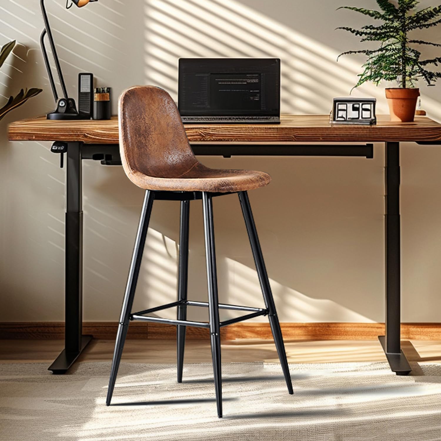 MEUBLE Cosy Juego de 2 Taburete de Bar con Respaldo y Reposapiés Tapizados de Gamuza Vintage Industrial Asiento de 72,5 cm de Altura para Cocina, Bar, Comedor, Marrón