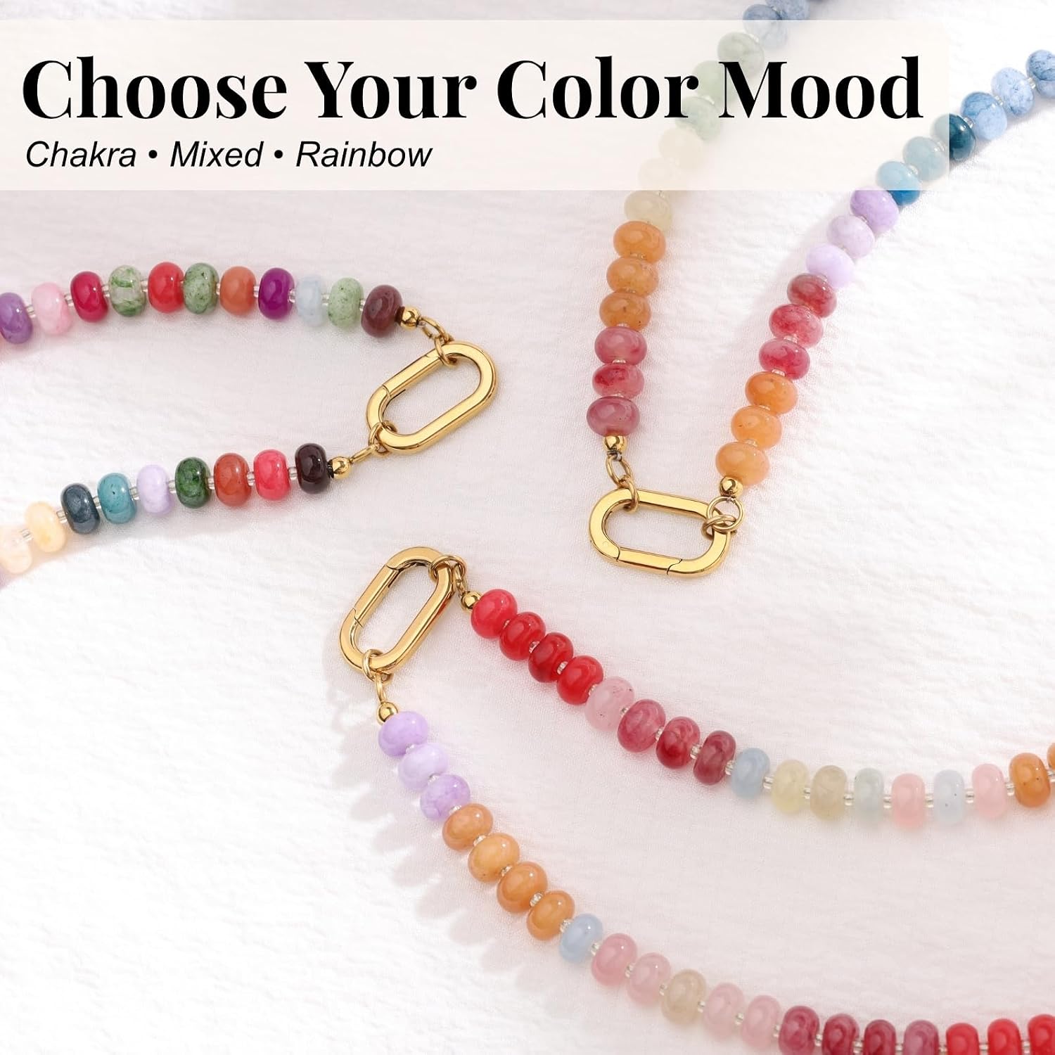 SAMYA Colorful Beaded Necklace for Women, 18" Short Beaded Choker Necklace, 8x5mm Polished Beads, Rainbow Chakra-Inspired Jewelry with 22mm Gold Oval Spring Clasp