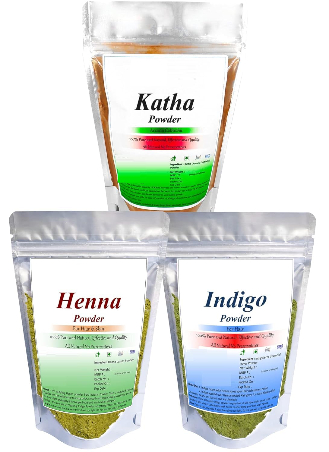 Kat.ha Pow.der + Hen.na Pow.der + Indi.go Pow.der | Combo Pow.der Pack for Hair Natural Dye Black and Brown (Pack of 3, 100g each Total 300g