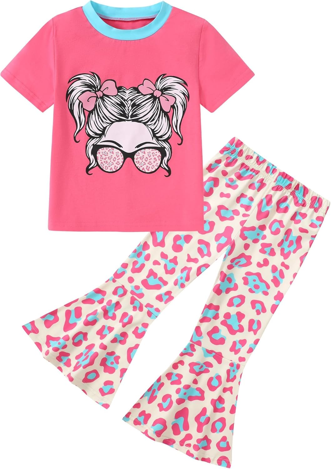 CARETOO Girls Summer Outfit Poster Girl Matching Sister 2pcs Sets Printed t-Shirt + Flare Leg Pants For 3-8 Years